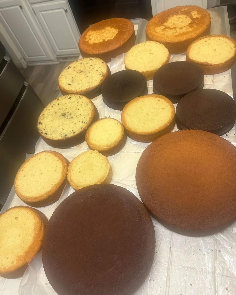 Vanilla and chocolate sponge layers cooling, baked from scratch