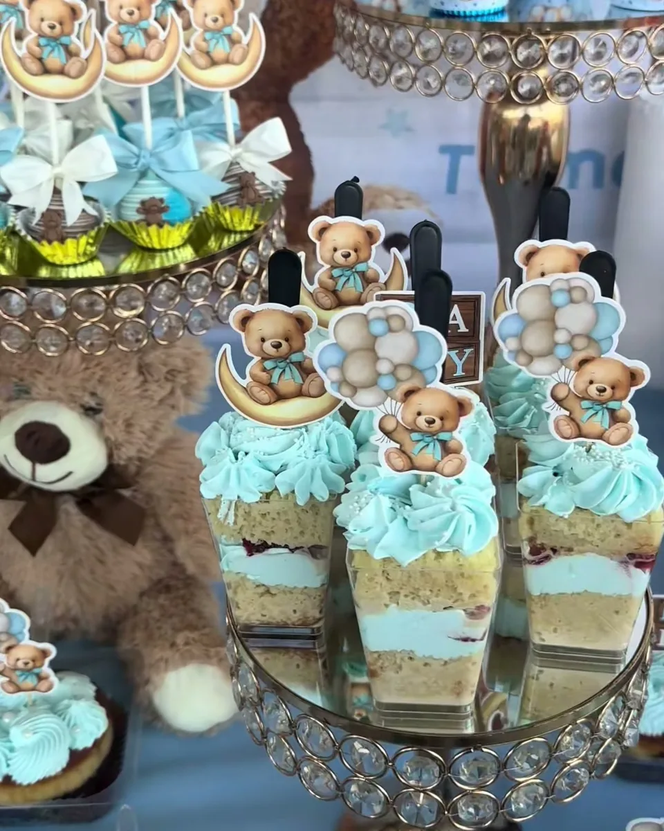 Teddy bear baby shower dessert table in blue