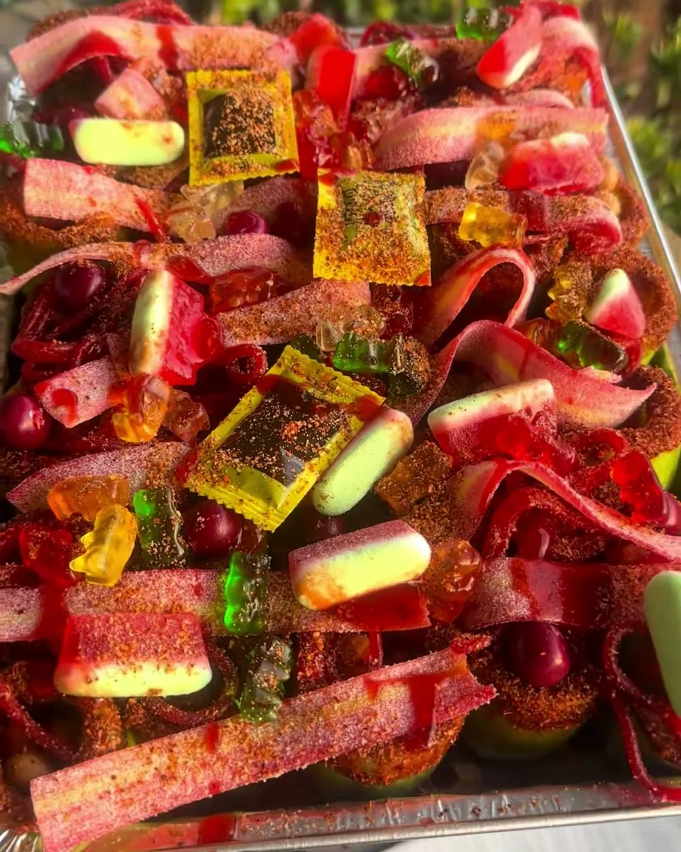 Tray of pepinos locos loaded with sour candy, gummies and chamoy